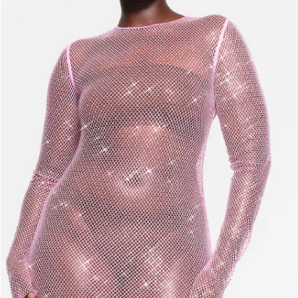 💎💘SWAROVSKI X SKIMS💘💎 STRETCH NET LONG SLEEVE DRESS- BUBBLEGUM, XS - NWT